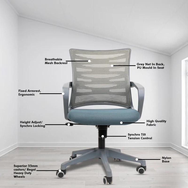 Krabee Grey Workstation Chair with Center Tilting Mechanism, Hydraulic Height Adjustment, and Heavy Duty Wheels, Grey Seat - Image 3