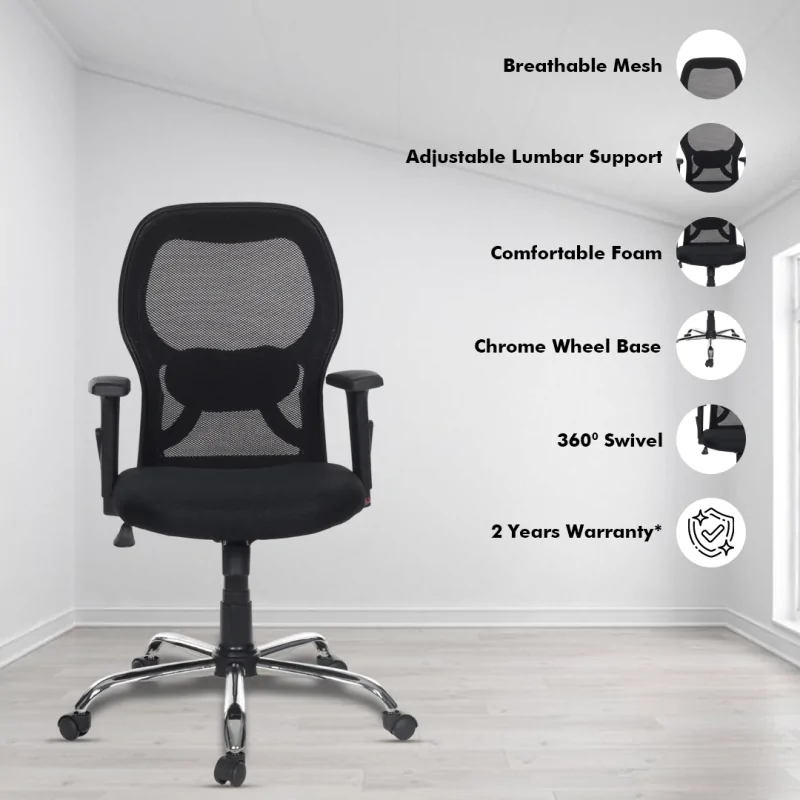 Matrix Medium Back Ergonomic Chair with Adjustable Arm Rest, Synchro Tilting Mechanism, Hydraulic Height Adjustment & Heavy Duty Wheels, Black Seat - Image 2