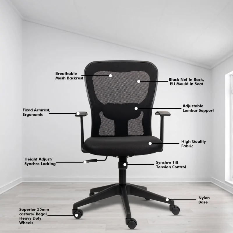 Matrix One Ergonomic Workstation Chair with Synchro Tilting Mechanism, Hydraulic Height Adjustment, and Heavy Duty Wheels, Black Seat - Image 3