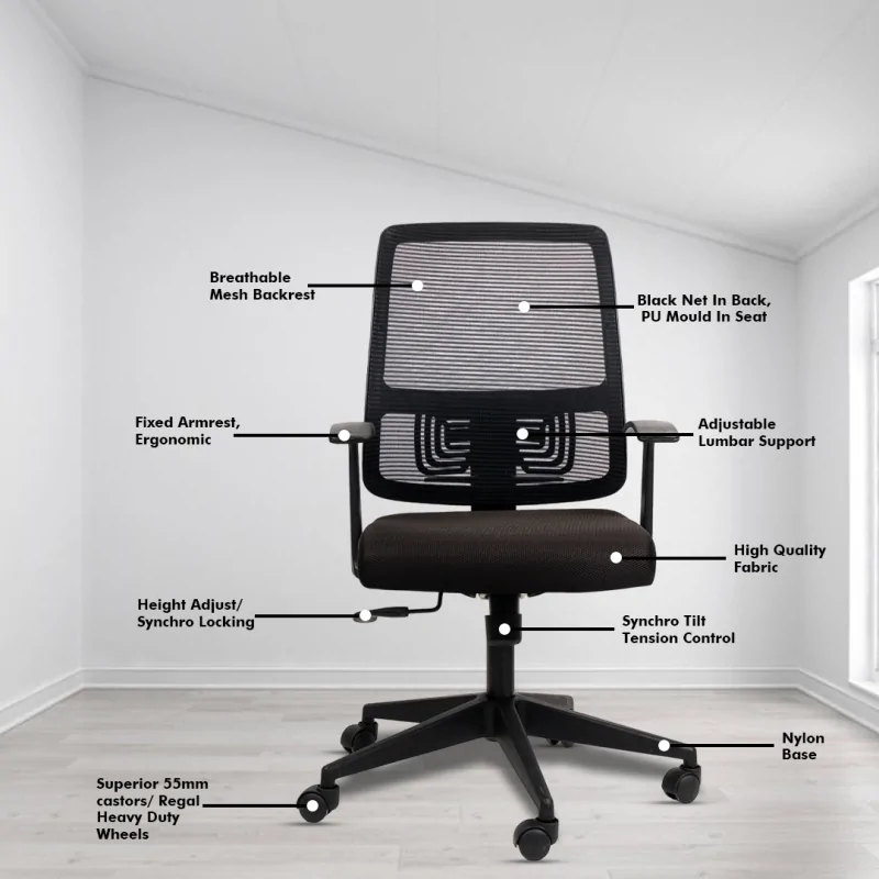 Polo Ergonomic Workstation Chair with Synchro Tilting Mechanism, Hydraulic Height Adjustment, and Heavy Duty Wheels, Black Seat - Image 3