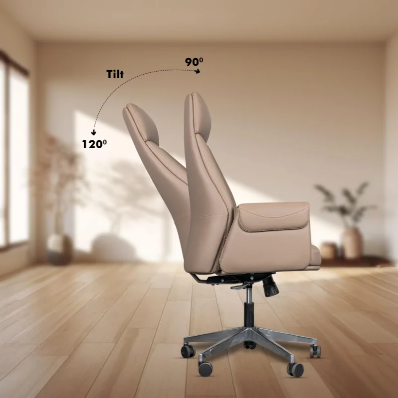 Stella High Back Ergonomic Boss Chair with Synchro Tilting Mechanism, Hydraulic Height Adjustment, Rexine Material & Heavy Duty Wheels, Beige Seat - Image 4