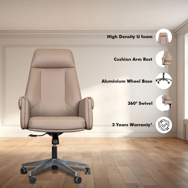 Stella High Back Ergonomic Boss Chair with Synchro Tilting Mechanism, Hydraulic Height Adjustment, Rexine Material & Heavy Duty Wheels, Beige Seat - Image 2