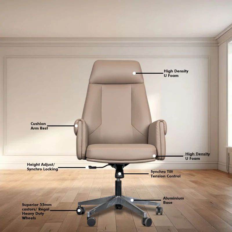 Stella High Back Ergonomic Boss Chair with Synchro Tilting Mechanism, Hydraulic Height Adjustment, Rexine Material & Heavy Duty Wheels, Beige Seat - Image 3