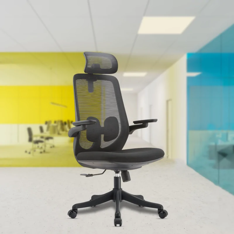 WINNER HB Black Mesh Medium Back Ergonomic Chair with Adjustable Lumbar Support, Flipping Armrests with PU Pad, Centre Tilt Mechanism, Glass-Filled Nylon Base, and Heavy Duty Castors.