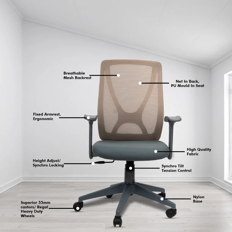 X Mesh Grey Ergonomic Workstation Chair with Synchro Tilting Mechanism, Hydraulic Height Adjustment, and Heavy Duty Wheels, Grey Seat - Image 3