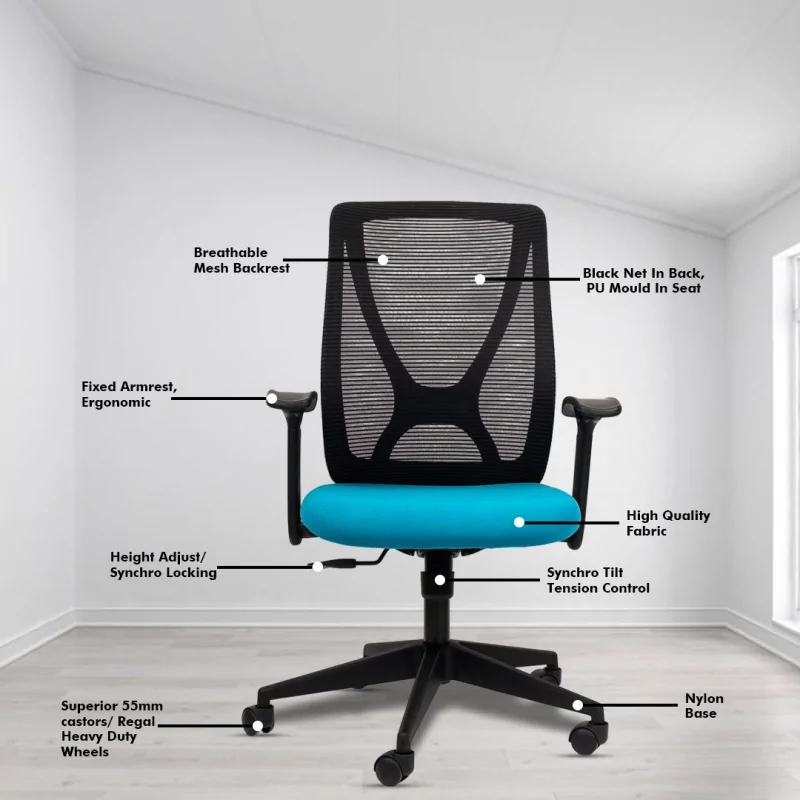 X Mesh Ergonomic Workstation Chair with Synchro Tilting Mechanism, Hydraulic Height Adjustment, and Heavy Duty Wheels, Blue Seat - Image 3