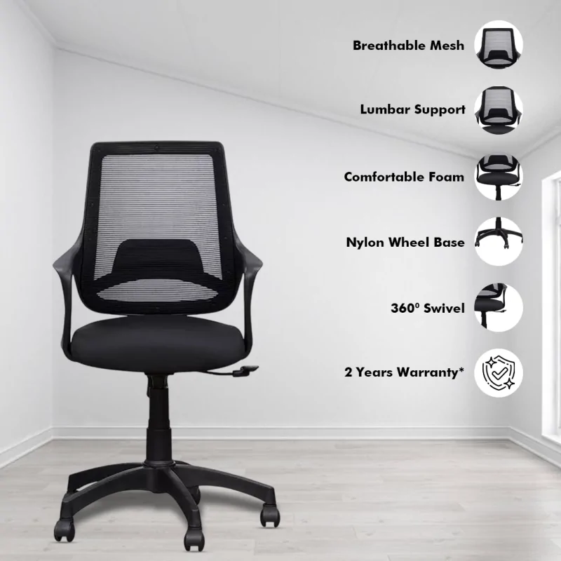 Mono Black Chair with PU Moulded Seat, Fixed PP Arm Rest, Center Tilt Mechanism, Hydraulic Height Adjustment, Nylon Base & Heavy-Duty Castor Wheels - Image 2