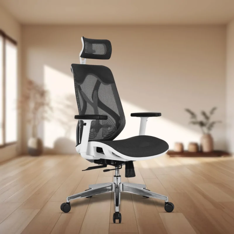 Spinal High Back Executive Chair with Adjustable Headrest, Adjustable Armrests, Fixed Lumbar Support, Single-Stage Synchro Locking Mechanism, Aluminium Base, and 60mm Nylon Castors.