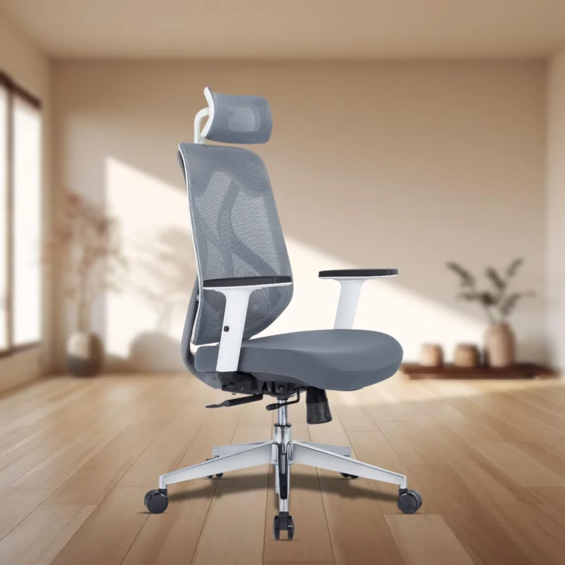 Spinal White High Back Executive Chair with Adjustable Headrest, Adjustable Armrests, Fixed Lumbar Support, Single-Stage Synchro Locking Mechanism, Aluminium Base, and 60mm Nylon Castors.