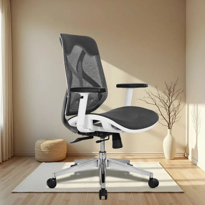 Spinal Medium Back Workstation Chair with Adjustable Armrests, Fixed Lumbar Support, Single-Stage Synchro Locking Mechanism, Aluminium Base, and 60mm Nylon Castors.