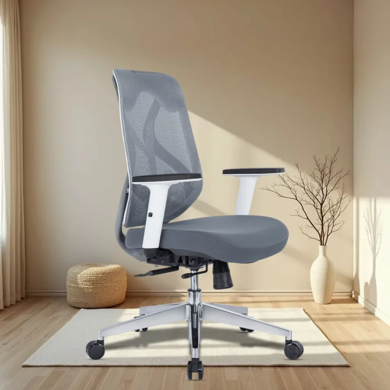 Spinal White Medium Back Workstation Chair with Adjustable Armrests, Fixed Lumbar Support, Single-Stage Synchro Locking Mechanism, Aluminium Base, and 60mm Nylon Castors.